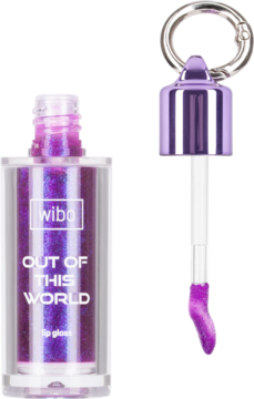 Błyszczyk Wibo Out of This World, fioletowy brokatowy, z butelki wystaje aplikator z połyskującą formułą.