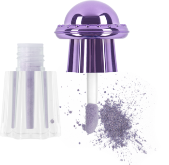 Lawendowy sypki pigment do makijażu z nakrętką UFO, otwarta buteleczka i rozsypany puder z aplikatorem.