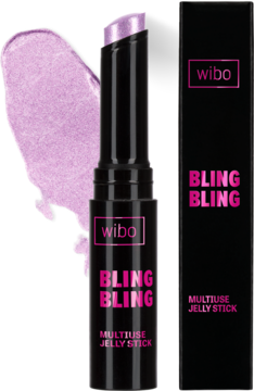 Wibo Bling Bling wielofunkcyjny stick rozświetlający, irydowy fiolet, obok czarnego opakowania, widoczny swatch.