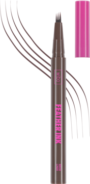 Precyzyjny pisak do brwi WIBO Feather Ink w kolorze brązowym, z poczwórną końcówką, obok różowa zatyczka.