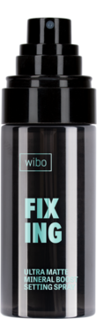 Wibo Fixing Ultra Matte Mineral Boost Setting Spray, czarna butelka, turkusowy napis, widok z przodu.