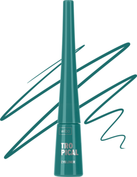 Eyeliner do powiek w turkusowej buteleczce z napisem Tropical, widok z przodu na czarnym tle, obok testowe kreski.