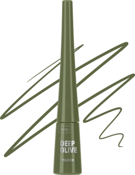 Wibo Eyeliner do powiek Deep Olive w smukłej butelce w kolorze oliwkowym, z widocznym pociągnięciem pędzla.