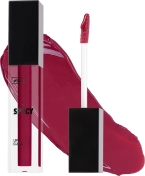 Bordowy błyszczyk Spicy Lip Gloss z chili, powiększający usta. Widoczne opakowanie, aplikator i rozmazana próbka.