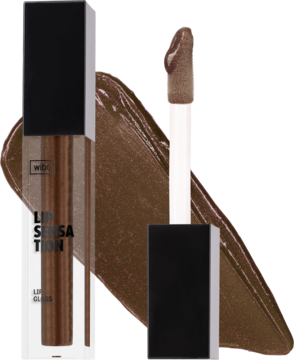 Brązowy błyszczyk WIBO Lip Sensation z kwasem hialuronowym. Nawilżający, butelka, aplikator i smuga produktu.