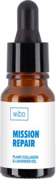 wibo MISSION REPAIR serum z kolagenem roślinnym i olejkiem lawendowym w brązowej butelce z zakraplaczem, widok z przodu.