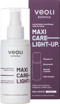 Veoli Botanica Maxi Care Light-Up rozświetlająco-nawilżający tonik w białej butelce spray i fioletowym pudełku.