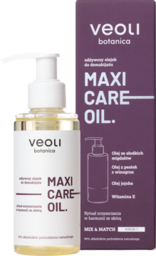 Veoli Botanica Maxi Care Oil, odżywczy olejek do demakijażu z olejami, butelka i fioletowe pudełko.