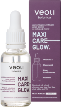 Veoli Botanica MAXI CARE GLOW rozświetlająco-nawilżające serum w butelce z pipetą i fioletowym opakowaniu.