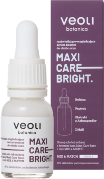 Veoli Botanica Maxi Care Bright serum pod oczy w białej butelce z kroplomierzem i fioletowym pudełku, widok z przodu.