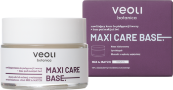 VEOLI BOTANICA MAXI CARE BASE ultranawilżający krem/baza w szklanym słoiczku i fioletowym pudełku, widok z przodu.