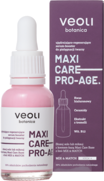 Różowe serum-booster Veoli Botanica MAXI CARE PRO-AGE w butelce z zakraplaczem, obok fioletowe pudełko.