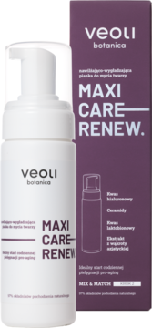 Veoli Botanica Maxi Care Renew nawilżająca pianka do mycia twarzy, biała butelka z pompką i fioletowe pudełko.