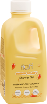 Żółty żel pod prysznic Fluff Mango Gelato, butelka z grafiką mango, biały korek, widok z przodu z napisami.