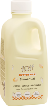 Żółty flaff Butter Milk Shower Gel, butelka z uchwytem, widok z przodu, z napisami FRESH GENTLE AROMATIC.