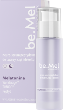 be.Mel neuro-serum peptydowe z melatoniną, matowa, fioletowa butelka z pompką obok pudełka, widok przód.