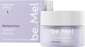 be.Mel neuro-krem pod oczy z melatoniną i masłem shea. Słoiczek i pudełko w pastelowym fiolecie, widok z przodu.