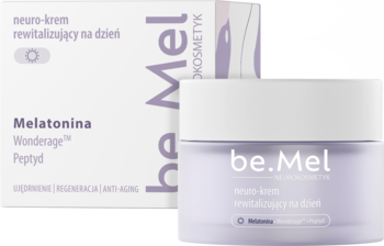 Fioletowy neuro-krem rewitalizujący be.Mel na dzień z melatoniną, słoiczek i częściowo widoczne pudełko.