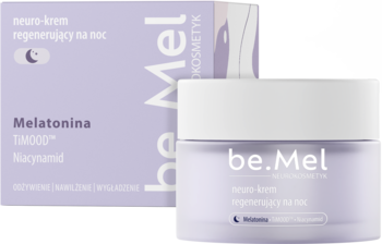 Fioletowy neuro-krem be.Mel na noc z melatoniną i niacynamidem, w słoiczku i opakowaniu, lekko pod kątem.