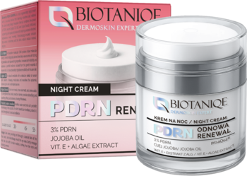 BIOTANIQE PDRN Night Cream 3% PDRN, regenerujący krem na noc w białym słoiczku i różowym pudełku, przód.