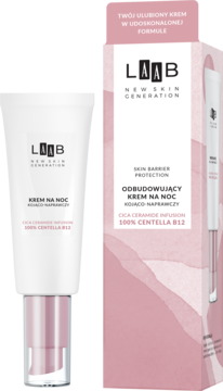 AA LAAB 100% Centella B12 odbudowujący krem na noc w białej tubce z różową pompką i pudełkiem, widok z przodu.