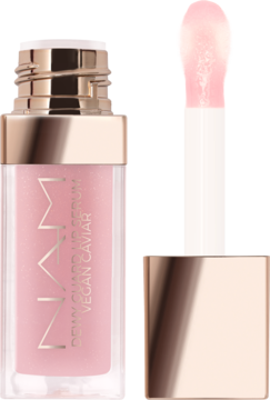 Serum do ust NMN Dewy Guard Vegan Caviar w różowej butelce z aplikatorem, widok z boku. Chroni przed UV.
