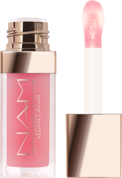NAAM Dewy Loving różowe serum do ust z wegańskim kawiorem, otwarte opakowanie z aplikatorem i złotą nakrętką.