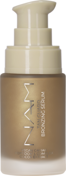 AMVI Tan Guard Bronzing Serum z ochroną przeciwsłoneczną w złotej butelce z pompką, widok z przodu.