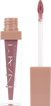 INAZI Iconic Matte Lipstick, pudrowy róż w przezroczystej tubce. Otwarta z aplikatorem pokrytym matową pomadką.