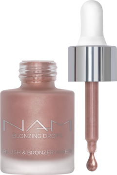 NAM Blonzing Drops Blush & Bronzer Mixer, różowo-złoty płyn w butelce z matowego szkła z pipetą.