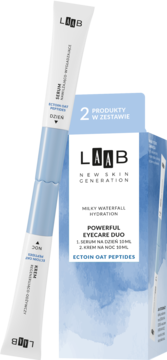 LAAB MILKY WATERFALL EYECARE DUO: dwustronna tubka dzień/noc i pudełko, widok pod kątem, ECTOIN OAT PEPTIDES.