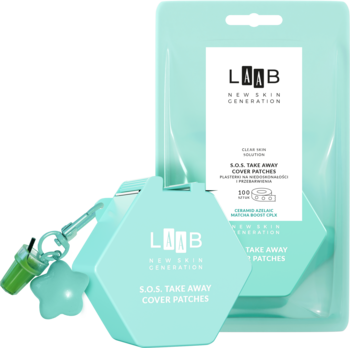 AA LAAB Clear Skin Solution S.O.S. Take Away: miętowe plasterki punktowe w etui i opakowaniu, widok ukośny.