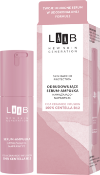 LAAB Odbudowujące Serum-Ampułka CICA Centella B12, różowa butelka i karton ustawione pod kątem.