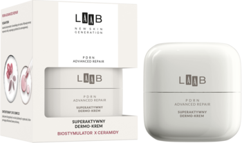 LØØB SUPERSKUTWNY DERMO-KREM krem-esencja, biały słoik obok pudełka. Działanie anti-age, nawilża, wygładza.