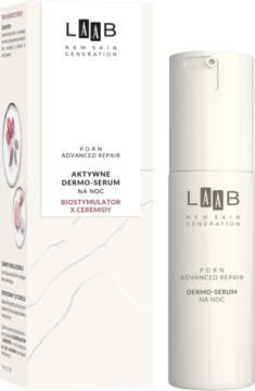 LAAB Dermo-Serum Na Noc z wegańskim PDRN i ceramidami, biała butelka z pudełkiem, widok frontalny.
