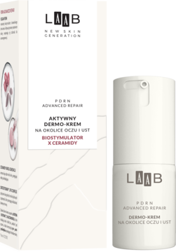 Biały krem LAAB PDRN do oczu i ust z biostymulatorem i ceramidami, w butelce z pompką, obok pudełka.