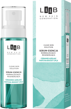 Serum-Esencja AA Laab Clear Skin Solution, zielona butelka z atomizerem i pudełko. Normalizująco-regenerująca z Ceramid Azelaic.