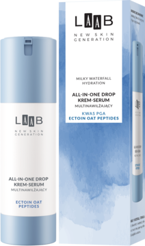 LAAB ALL-IN-ONE DROP KREM-SERUM MILKY WATERFALL HYDRATION z Ectoin Oat Peptides, butelka i pudełko z przodu.