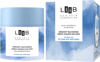 AA LAAB Dreamy ReCharge Krem-Maska na Noc, słoik i pudełko, niebiesko-białe z chmurami, widok z przodu.