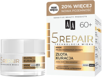 AA 5REPAIR Złota Kuracja krem 60+ w białym słoiczku i złotym pudełku, widoczne "20% WIĘCEJ", dzienna.