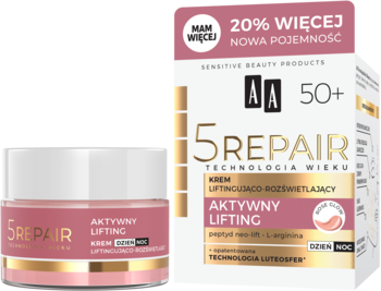 Krem AA 5 Repair Aktywny Lifting 50+ w różowo-złotym słoiczku i pudełku, widok pod kątem z przodu.
