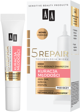 AA 5 Repair Kuracja Młodości krem pod oczy w białej tubce i pudełku, z detalami złota i różu, wygładzający zmarszczki.