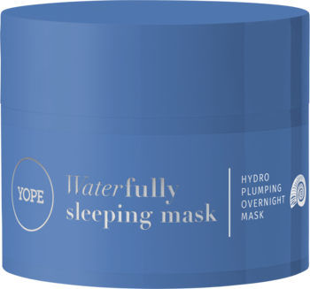Niebieski słoiczek maski YOPE Waterfully sleeping mask, Hydro Plumping Overnight Mask, widok z przodu pod kątem.