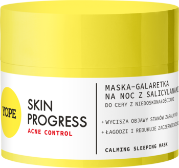 Żółta maska-galaretka Tope Skin Progress Acne Control, na noc, z salicylowym. Biała etykieta, widok z przodu.