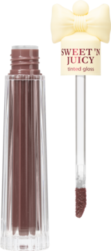Brązowy błyszczyk SWEET 'N JUICY w żebrowanej butelce, z aplikatorem i kremowym korkiem z kokardką.