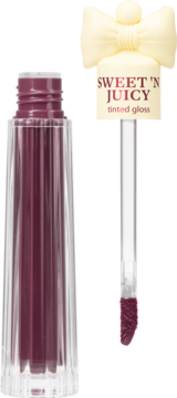 Sweet 'N Juicy koloryzujący błyszczyk w odcieniu śliwki. Przezroczysta butelka i aplikator z kokardką.