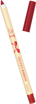 Czerwono-beżowa kredka do ust Lovely Velvet Ribbon, skośnie ułożona, z czerwoną kokardą.