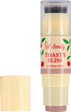 Jasnożółty lovely TOASTY BLISS kremowy contour stick z pędzlem i wiśniami, stojący. Obok leży odkręcona baza.