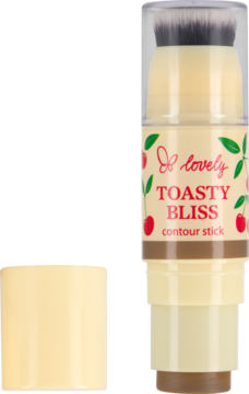 Kremowy bronzer w sztyfcie lovely TOASTY BLISS z pędzlem, beżowy, z widocznym brązowym wkładem i zdjętą zatyczką.