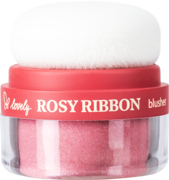 Sypki róż Rosy Ribbon do makijażu, z wbudowanym puszkiem, w przezroczystym słoiczku z czerwoną zakrętką.
